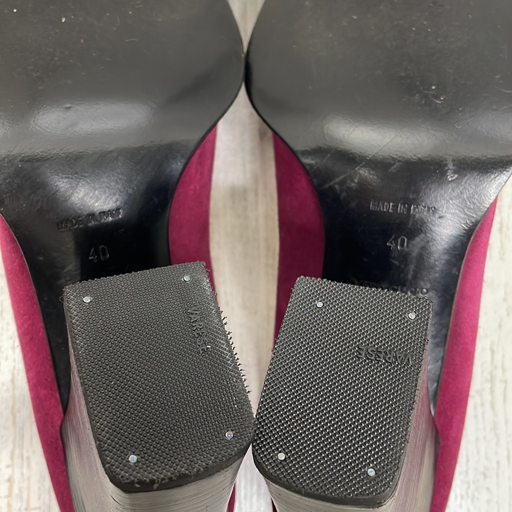 Miu Miu Fuchsia Suede Heels with Black Chunky Heel - Picture 11 of 14